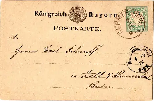 Bayern 1878, K1 GERMERSHEIM auf 5 Pf. Ganzsache m. Baden K1 Zell A. Harmersbach