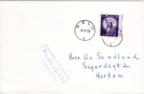 USA 1958, 3 C. auf Paquebot Schiffspost Brief n. Norwegen m. Stpl. K1 OSLO 1
