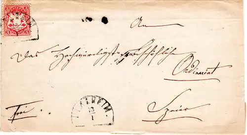 Bayern 1871, 3 Kr. auf Brief v. HKS HERXHEIM n. Speyer