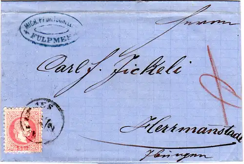 Österreich 1872, K1 FULPMES u. Absender-Cachet auf Brief m. 5 Kr n. Siebenbürgen