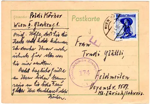 Österreich 1950, 1 S. auf Zensur Karte v. Wien i.d. Schweiz. Zusätzlich "E"