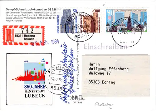 BRD 1994, Postbetrug, Reko Karte v. Hebertshausen m wiederverwendeter 3 DM Marke