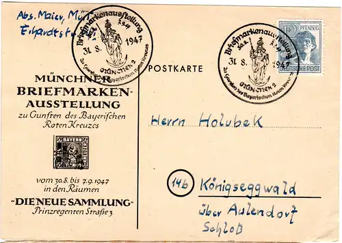 1947, Karte m. Sonder Stpl. Briefmarken Ausstellung zu Gunsten d. By Roten Kreuz