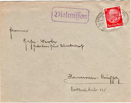 DR 1938, Landpost Stpl. Dielmissen auf Brief m. Bahnpost VORWOHLE EMMERTHAL 