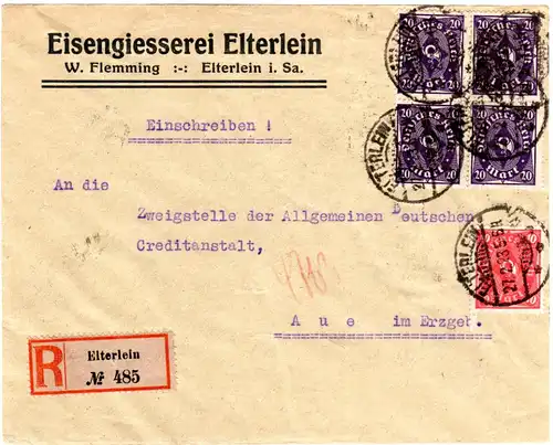 DR 1923, 10+4x20 Mk. auf Einschreiben Brief v. ELTERLEIN Eisen Gießerei