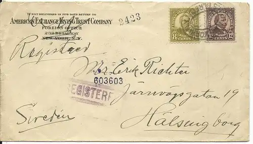 USA 1927, 8+12 C. on registered cover from NY to Sweden