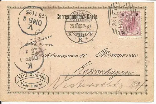 Österreich 1895, 5 Kr. auf Firmen Karte v. HAIDA n. Dänemark