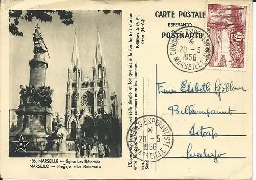 Frankreich 1956, Sonderstpl Congres Esperantiste Marseille auf Karte n. Schweden