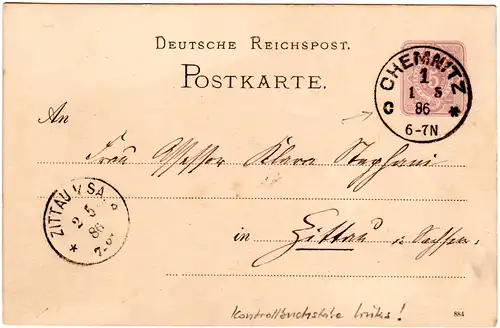 DR 1886, Klaucke Nr.35 CHEMNITZ c klar auf 5 Pf. Ganzsache n. Zittau