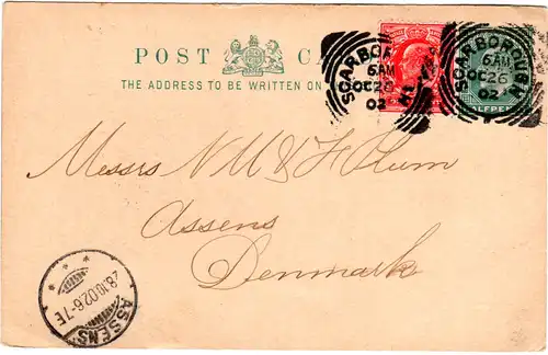 GB 1902, 1d auf 1/2d Ganzsache m. squred circle SCARBOROUGH n. Dänemark