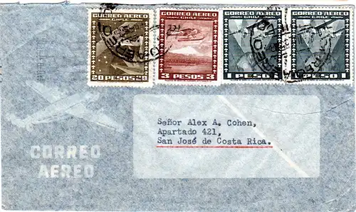 Chile 1955, 20+3+2x1 P. auf Luftpost Brief v. Santiago n. Costa Rica.