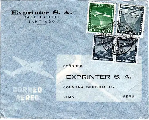 Chile 1954, 8+1 P.+ 2x40 C. auf Luftpost Brief v. Santiago n. Peru