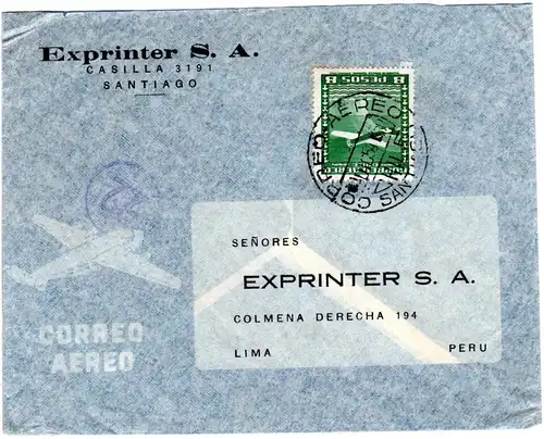 Chile 1954, EF 8 P. auf Luftpost Brief v. Santiago n. Peru
