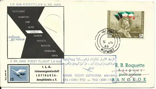 Kuwait Thailand 1963, LH Erstflug Brief Etappe Kuwait Bangkok.