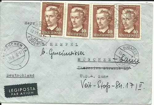 Ungarn, MeF 4x40 F. Petöfi Sandor auf Luftpost Brief v. Budapest n. Deutschland
