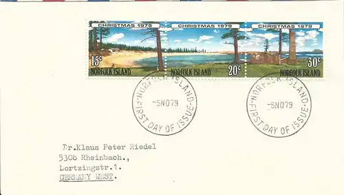 Norfolk Islands 1979, 15+20+30 C. Weihnachtsmarken auf FDC Brief n. Deutschland