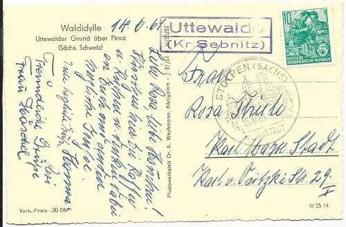 DDR 1961, Landpost Stpl. Uttewalde Kr. Sebnitz auf AK m. 10 Pf.