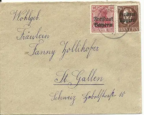 Bayern 1920, 10+50 Pf. auf Brief v. Grafenrheinfeld i.d. Schweiz