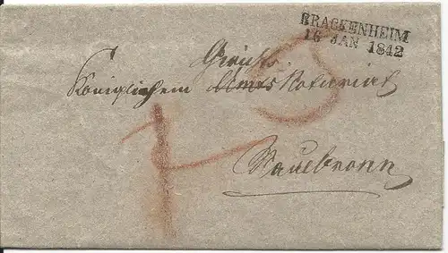 Württemberg 1842, L2 BRACKENHEIM auf Porto Brief n. Maulbronn