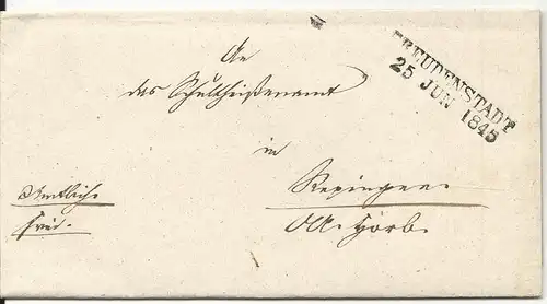 Württemberg 1845, L2 FREUDENSTADT auf Amts Brief nm. rücks. Franco Vermerk "2"