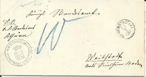 Württemberg 1880, K1 NEUENSTADT adL auf Porto Brief m. Amtsstpl. v. Kocherthürn