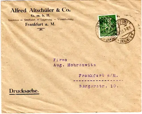 DR 1922, 100 Pf. m. perfin Firmenlochung auf  Brief v. Frankfurt