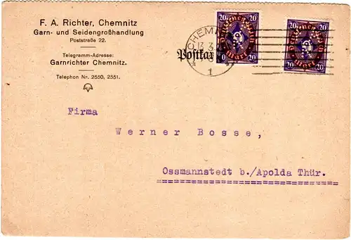 DR 1923, 2x20 Mk. m. perfin Firmenlochung auf  Karte v.Chemnitz