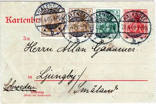 DR 1909, 2x3+5 Pf. als Zusatzfr. auf 10 Pf. Kartenbrief v. Halensee n. Schweden