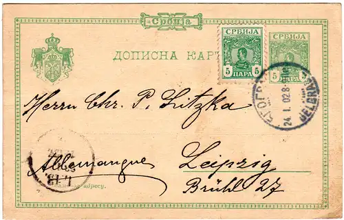Serbien 1902, 5 P. Zusatzfrankatur auf 5 P. Ganzsache v. Belgrad.