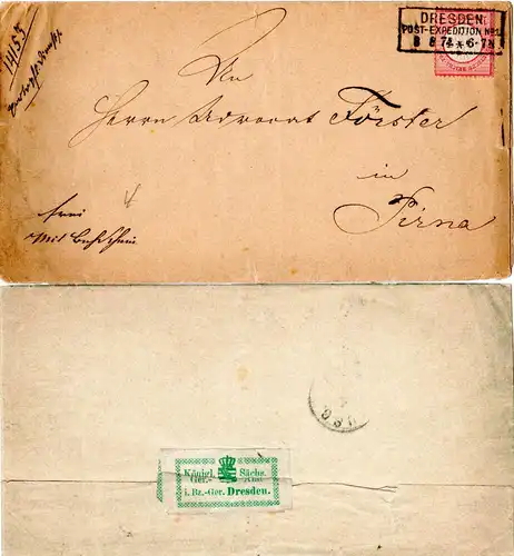 DR 1874, R2 DRESDEN PE No.1 auf Brief m. 1 Gr. gr. Brustschild.