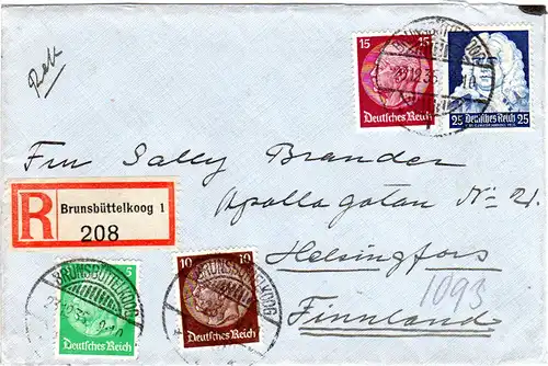 DR 1936, 25 Pf. Händel +5+10+15 Pf. auf Einschreiben Brief v. Brunsbüttelkoog