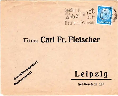 DR 1933, Maschinenstpl. Hirschberg Riesengebirge auf Brief m. EF 4 Pf.