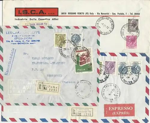 Italien, 3 Einschreiben Briefe nach Marokko, 1x Express. Destination! #s64