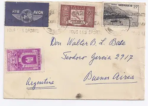 Monaco 1948, Luftpost Brief m. 3 Marken n. Argentinien. Destination! 