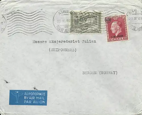 Griechenland 1949, Luftpost  Brief m. 100+3000 Dr. v. Athen n. Norwegen.  