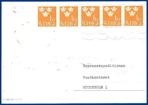 Schweden 1968, MeF 5er-Streifen 1 Kr. auf Postformular Eilboten Nachporto. 