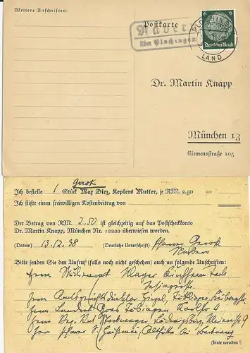 DR 1938, Nabern über Plochingen, Bestell Karte m. Landpost St.II Stpl. 