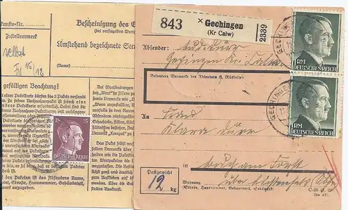 DR 1942, Gechingen (Kr Calw), Paketkarte m. vor- u. rückseitiger Frankatur 