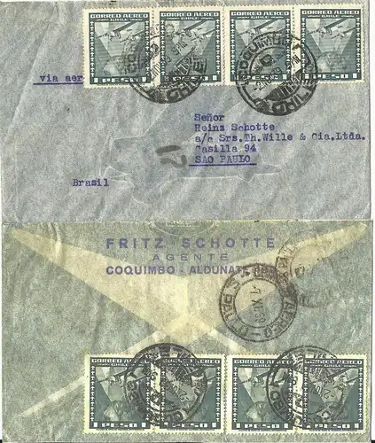 Chile 1939, MeF 8x1 P. vorder- u. rücks. auf Luftpost Brief nach Brasilien