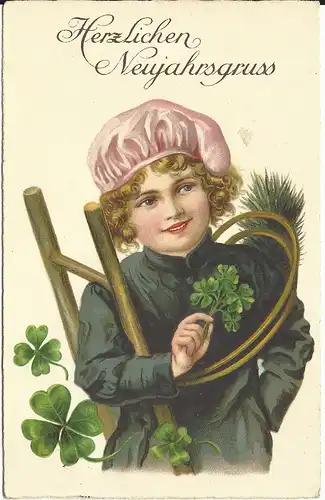 Neujahrsgrüsse, 1932 in Stuttgart gebr. Farb AK m. Kaminkehrer Mädel Glücksklee