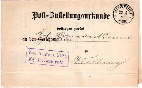 DR 1897, K1 FÜRFURT (Weinbach) auf Post Zustell Urkunde. Frei lt. Avers Landrat