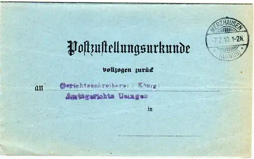DR 1910, Post Zustellungs Urkunde m. Stpl. MERZHAUSEN (Taunus) n. Usingen.