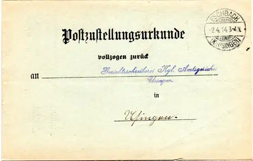 DR 1914, Post Zustellungs Urkunde m. Stpl. ESCHBACH (Kr. Usingen)