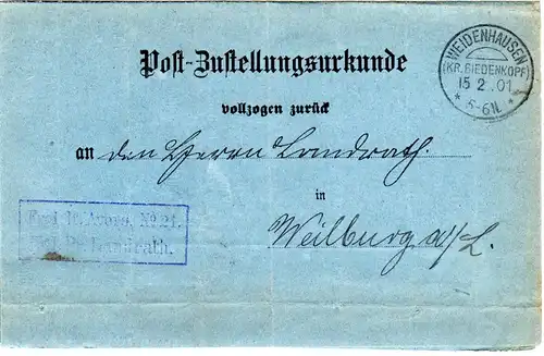 DR 1901, Post Zustellungs Urkunde m. Stpl. WEIDENHAUSEN (Kr. Biedenkopf)