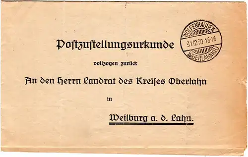 DR 1930, Post Zustellungs Urkunde m. Stpl. WOLFENHAUSEN (Oberlahnkr) n. Weilburg