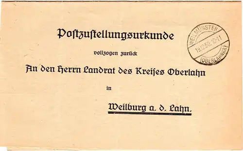 DR 1930, Post Zustellungs Urkunde m. Stpl. WEILMÜNSTER (Oberlahnkr.) n. Weilburg