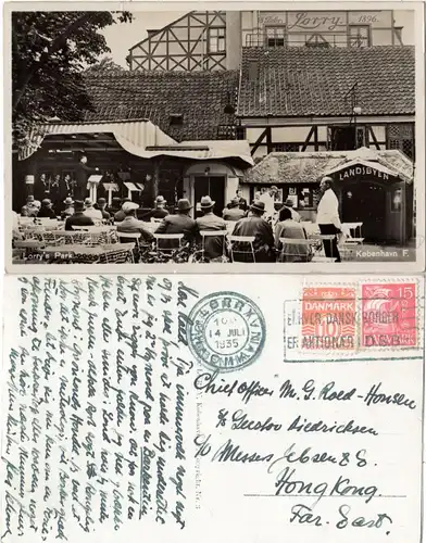 Dänemark 1935, 10+15 öre auf AK Lorry`s Park n. Hong Kong