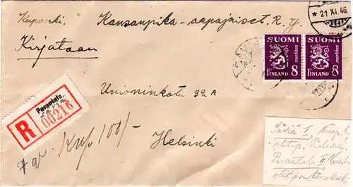 Finnland 1946, Paar 8 Mk auf Brief m. provisorischem Reko Zettel Sävia/Parantala