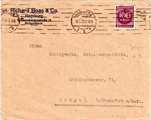 DR 1923, 100 Mk. m. perfin RBC auf Firmen Brief v. Hamburg
