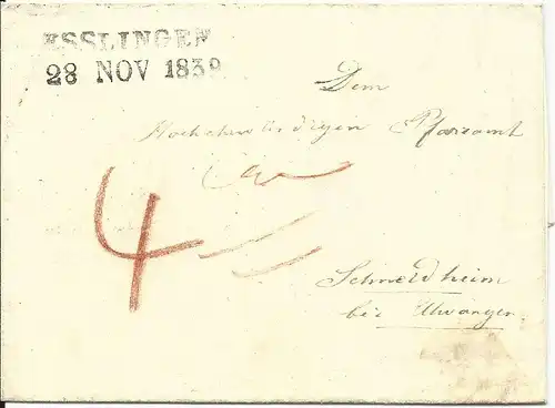 Württemberg 1839, L2 ESSLINGEN auf Pfarramts Brief  n. Schneidheim b. Ellwangen